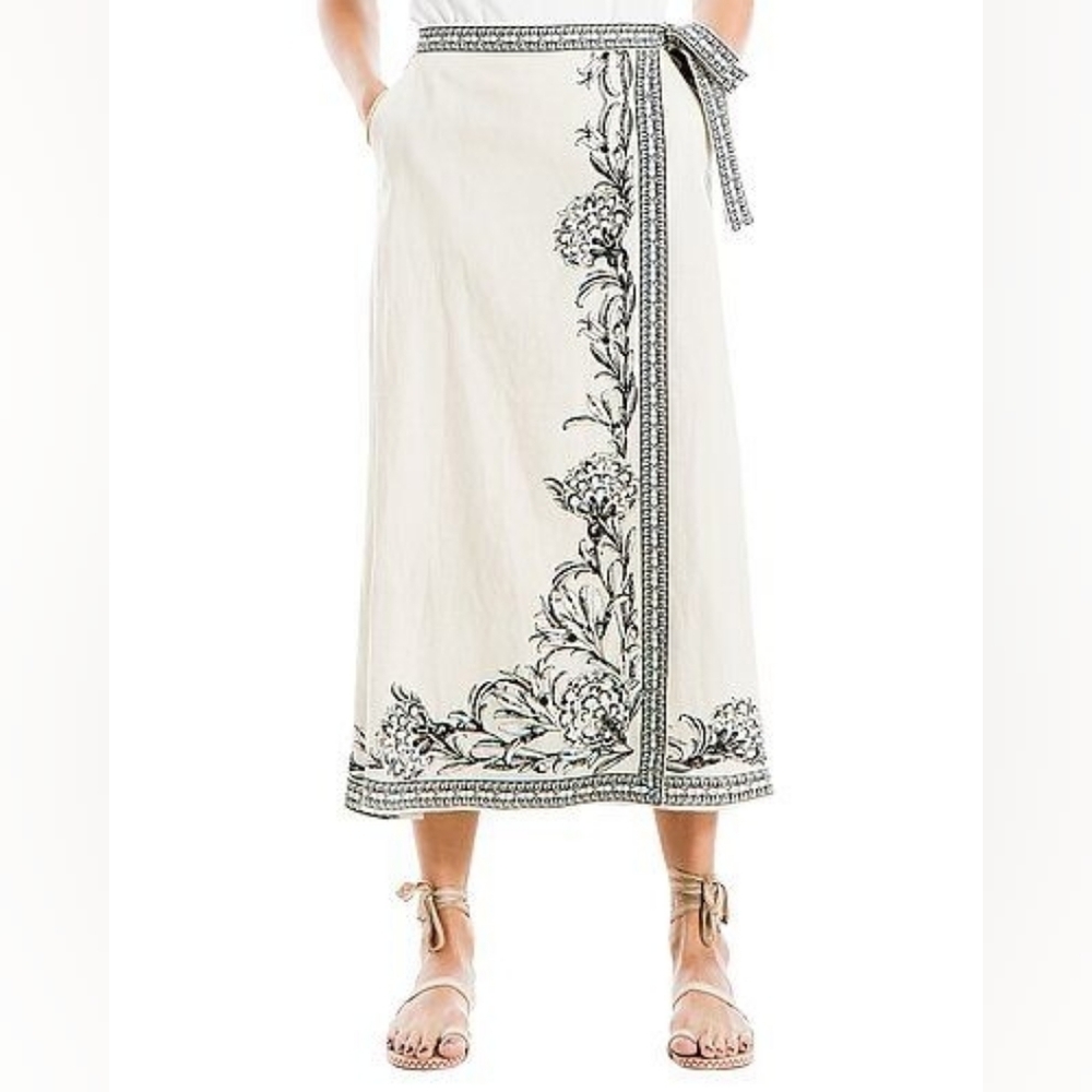 Max Studio floral print linen blend mock wrap skirt XL